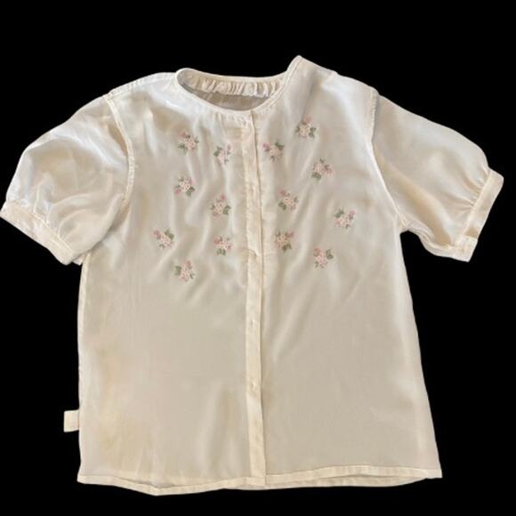 Vintage White Ruffled Embroidered Pink & Green Flowers Sheer Button Down (S) - Picture 6 of 10